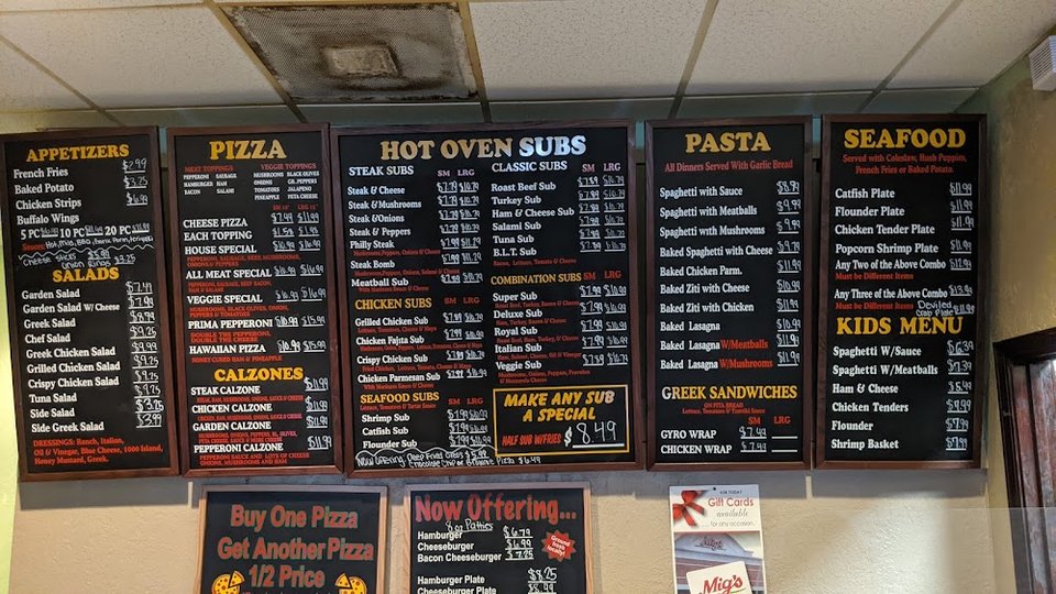 Simple menu layout with familiar Italian-American selections.